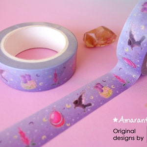 Washi tapes with a pattern of Dungeons and Dragons elements on a purple background: amulet, crows, flowers and moons, etc