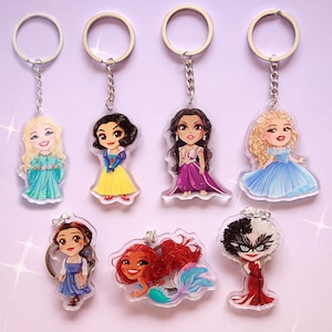 Keychains Disney Live Action Princesses Acrylic Charms Cute Gifts Cinderella Aurora Ariel Belle Jasmine Cruella Snow White