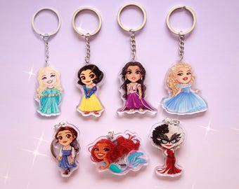 Keychains Disney Live Action Princesses Acrylic Charms Cute Gifts Cinderella Aurora Ariel Belle Jasmine Cruella Snow White
