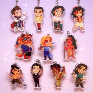 Keychains Disney Heroes Princes Acrylic Charms Cute Gifts Aladdin Eric Li Shang Beast Naveen Flynn Rider John Smith Kocoum Florian Charming