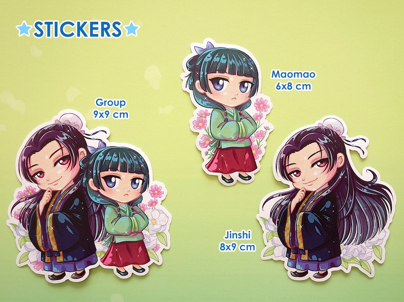 Stickers with white edge of Jinshi and Maomao from manga series The Apothecary Diaries. In the left, the couple are together in the sticker; in the center,  there's just Maomao with pink flowers and in the right, there's just Jinshi with white flower
