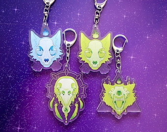 Keychains Skull Wolf Crow Cat Blue Green Acrylic Charms Cute Gifts Mystic Animals Spirit Art Special Collab Original Designs GGNADIArt