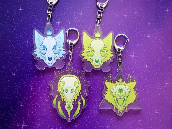 キーホルダー スカル オオカミ カラス 猫 青 緑 アクリル チャーム