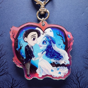 Llaveros de la novia cadáver Emily Victor, dijes acrílicos de Halloween, lindos regalos de amor, boda, arcoíris holográfico