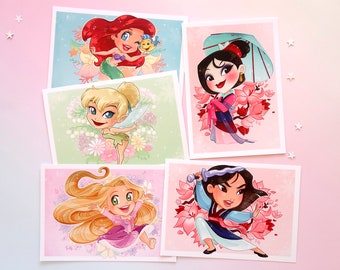 Prints A6 - Disney Heroines & Princesses - Ariel, Rapunzel, Mulan, Tinkerbell