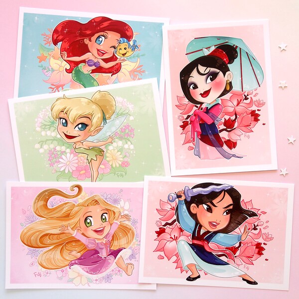 Prints A6 - Disney Heroines & Princesses - Ariel, Rapunzel, Mulan, Tinkerbell