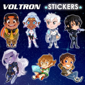 May include: A set of eight Voltron stickers featuring the main characters from the animated series. The stickers are colorful and feature a cartoon style. The characters include Lance, Keith, Pidge, Hunk, Allura, Shiro, Coran, and Lotor.