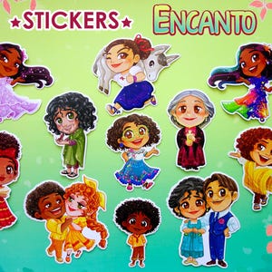 May include: A set of 10 colourful stickers featuring characters from the Disney film Encanto. The stickers feature characters like Mirabel, Bruno, and Antonio. The stickers are perfect for adding a touch of magic to your belongings.