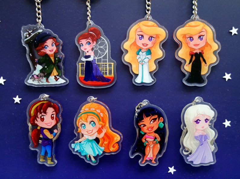 Clear acrylic keychains 6cm with silver ring of Non-Disney Heroines like Anastasia, Odette, Odile, Kayley, Thumbelina, Chel and Amalthea.