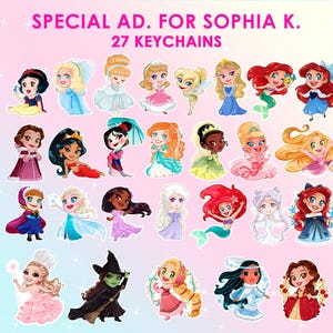 ANUNCIO ESPECIAL para SOPHIA K. 27 Llaveros Princesas Disney Wicked Holidays Regalos Lindos
