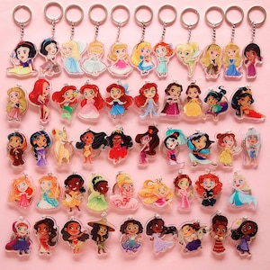 Keychains Disney Princesses Acrylic Charms Cute Gifts Heroines Ariel Rapunzel Belle Cinderella Snow White Anna Elsa Tiana Mulan Kida Jasmine