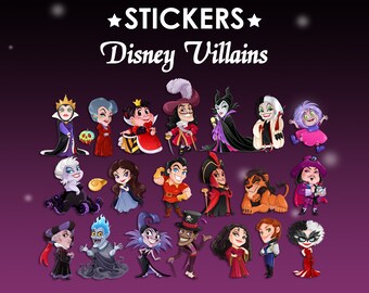 Stickers Disney Villains - Evil Queen, Hook, Maleficent, Tremaine, Ursula, Vanessa, Cruella, Hades, Yzma, Jafar, Gaston, Scar ,Queen Hearts