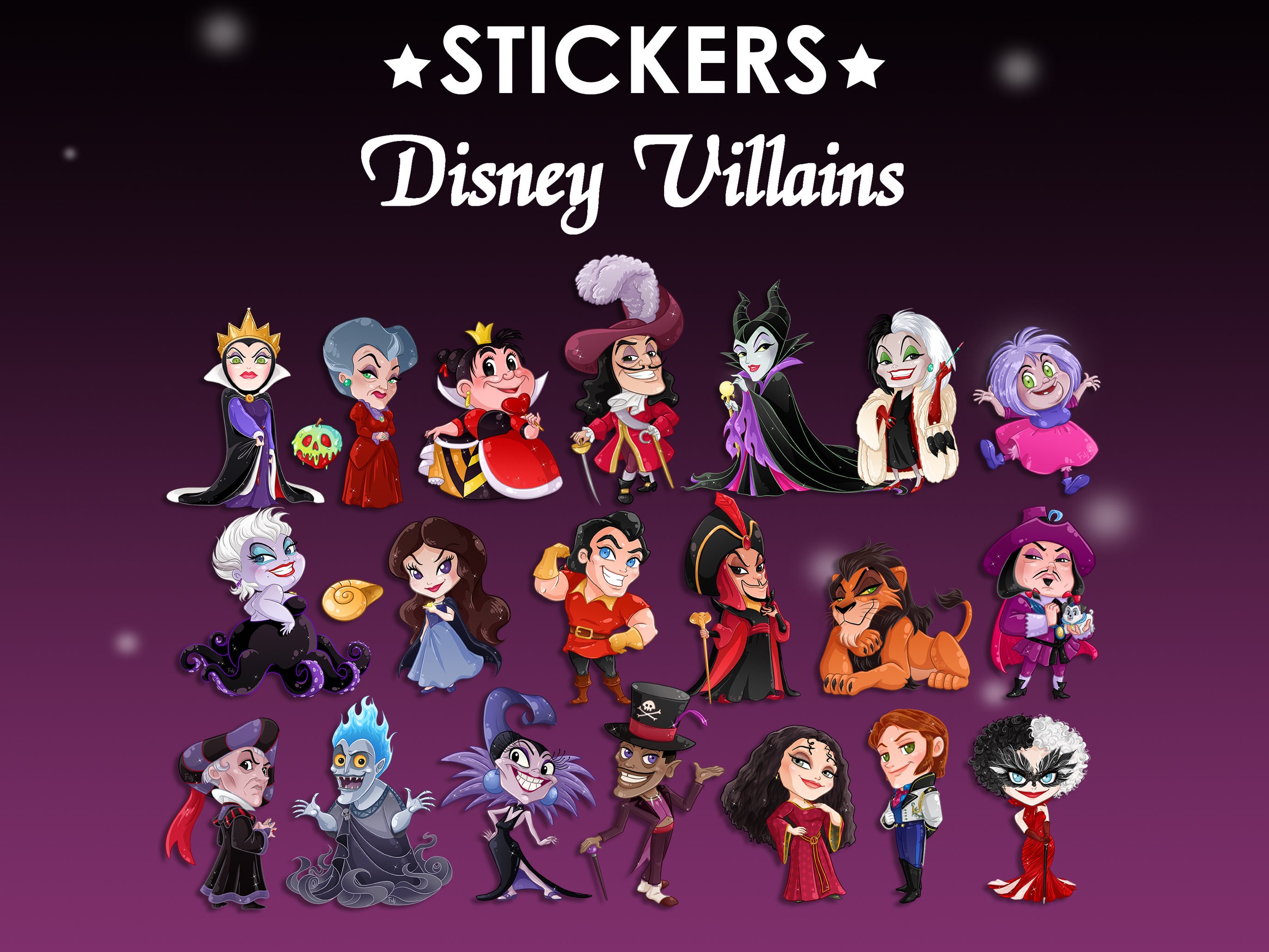 Stickers Disney Villains Evil Queen, Hook, Maleficent, Tremaine, Ursula,  Vanessa, Cruella, Hades, Yzma, Jafar, Gaston, Scar ,queen Hearts 