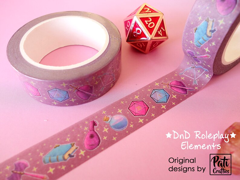 Washi tapes with a pattern of Dungeons and Dragons elements on a purple background: dices, bow, axe, shield, book, potion, lute, etc