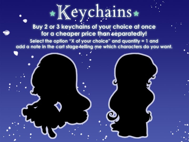 May include: Image features two black silhouette keychains against a blue background with white text that reads "Keychains". The text also says to select the option "X of your choice" and add a note in the cart.