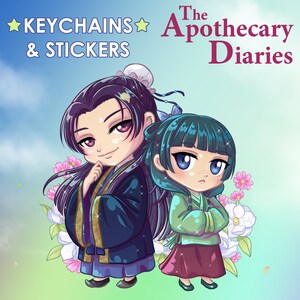 Digital illustration of Jinshi and Maomao from manga series The Apothecary Diaries, with a background of white and pink flowers.