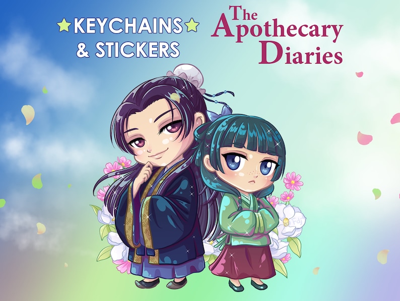 Digital illustration of Jinshi and Maomao from manga series The Apothecary Diaries, with a background of white and pink flowers.