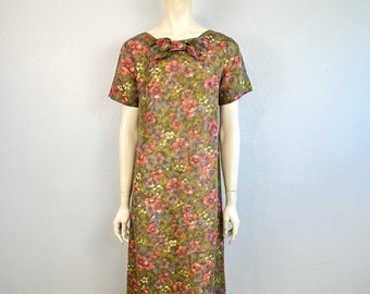 60s Vintage Floral Sheer Gown, Ribbon Neck, Small