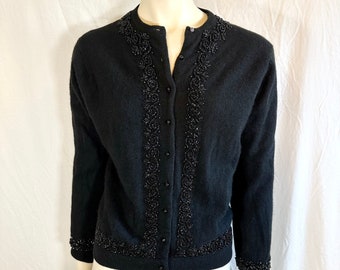 Vintage 50's Hand Beaded Black Sweater, Hoaloha, Hawaii, Made In Hong Kong, Small