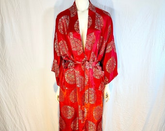 Vintage Chinese Red Brocade Robe, Golden Dragon, Made in China, Unisex