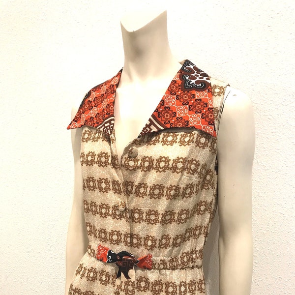 Hawaiian Barkcloth Vintage Long Maxi Dress, Made by Malihini Hawaii, Tribal