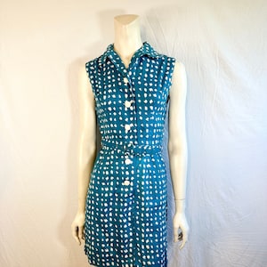Sweet 60&#39;s/70&#39;s Teal Herringbone Mini Dress With Belt, X-Small