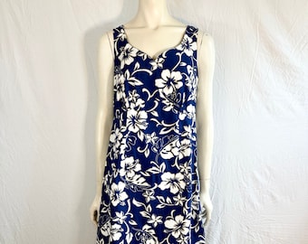 Reserved Hilo Hattie Blue & White Hibiscus Hawaiian Dress, Made in Hawaii-Size 12