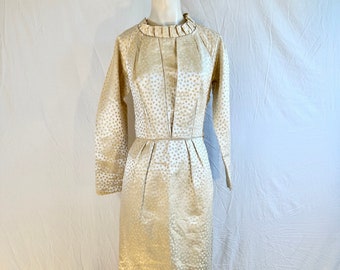 1950's Gold Brocade Knee Length Dress, Wedding Dress, OAK, Medium.