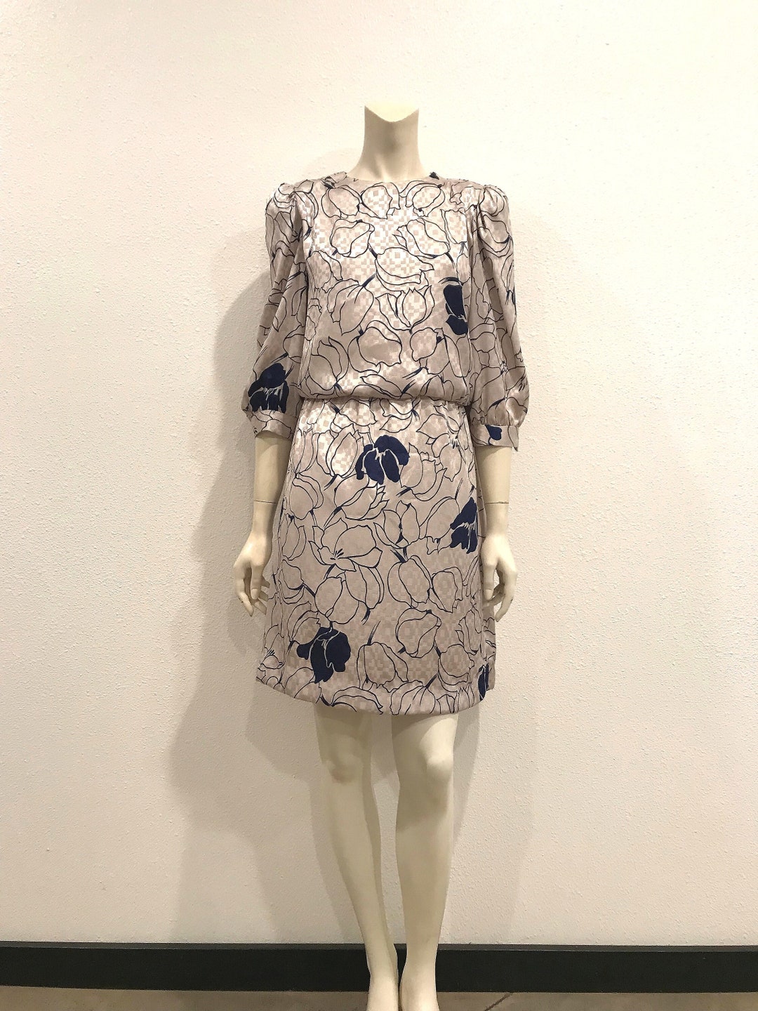 80’s Blue Floral Print Fit and Flare Dress by Lady Carol Petites
