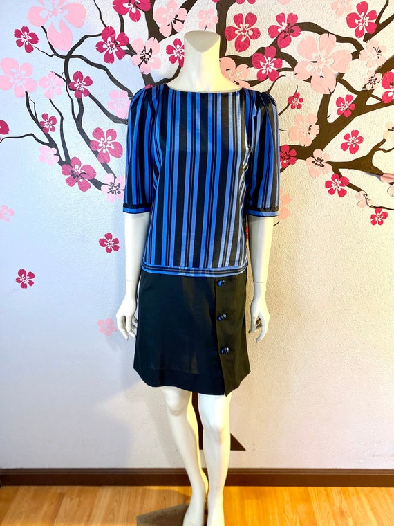 80's Vintage Blue and Black Sheer Dress