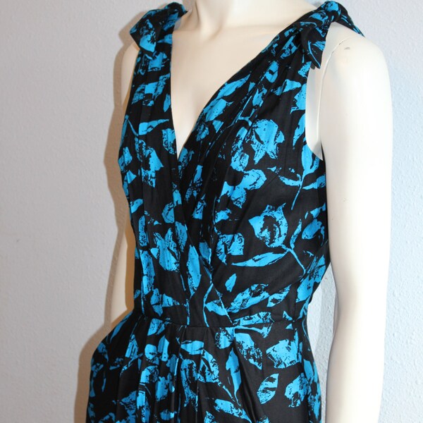 Beautiful Blue and Black Floral Dress By Joni Blair, 100% Rayon, XS