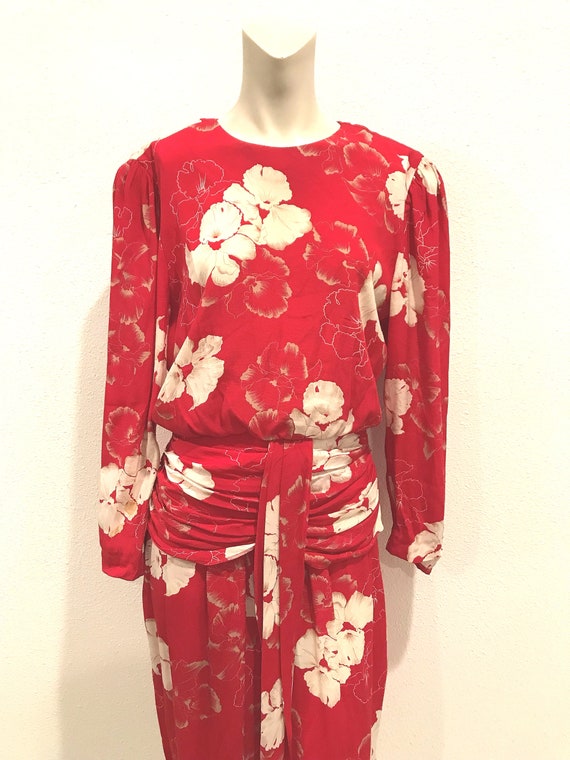 1980's Vintage Red Floral Dress, Small - image 4