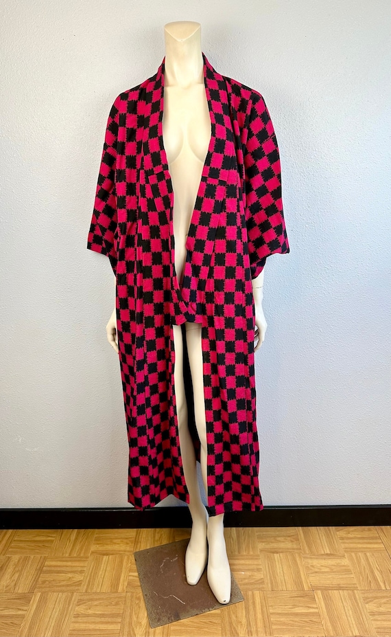 Vintage Kimono Robe, Black & Fuchsia Pink Checkere
