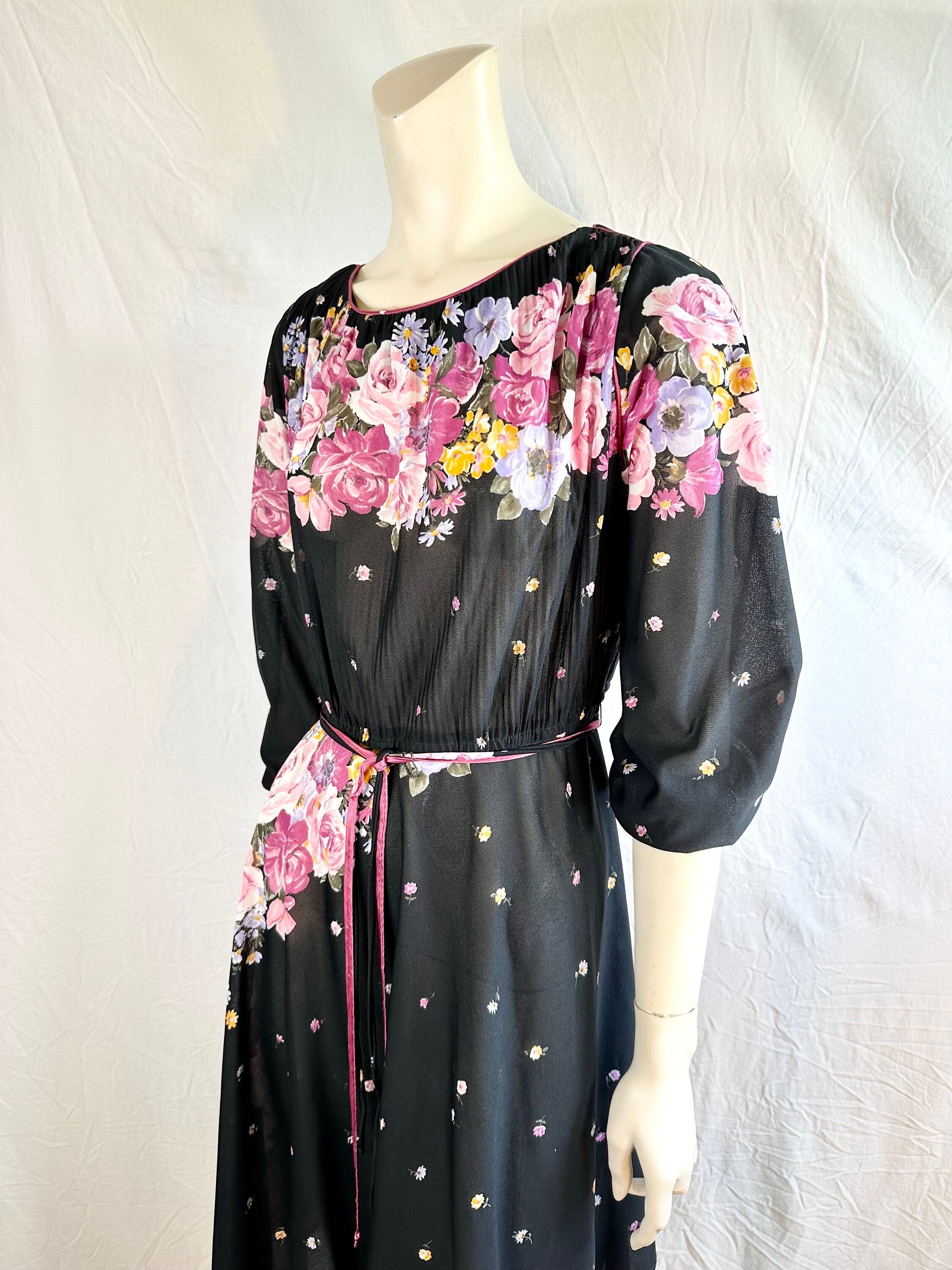 70's/80's Vintage Sheer Black Floral Dress by J.S.J, Medium