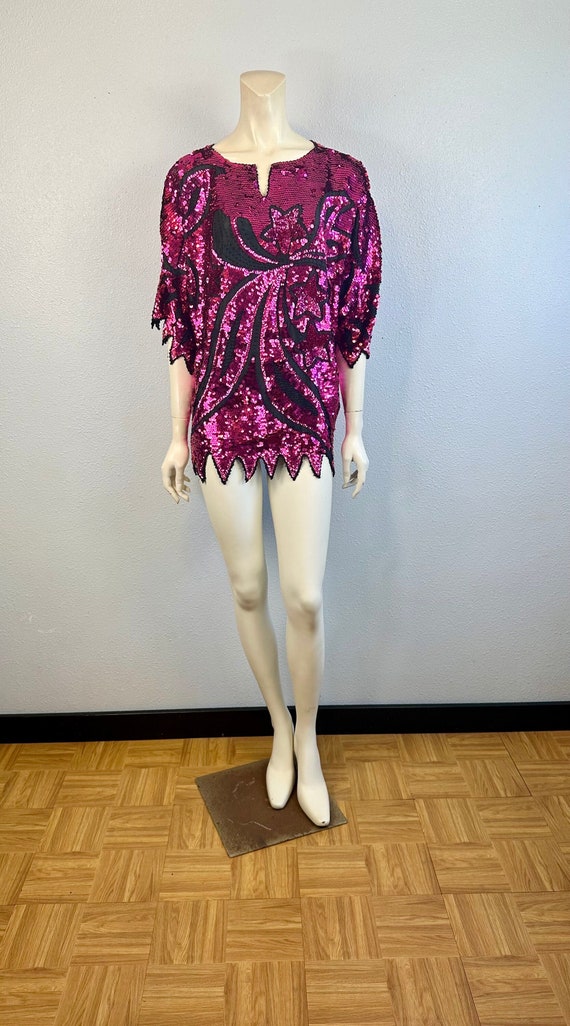 Vintage 80's Silk Hot Pink Sequin Blouse, Large/X-