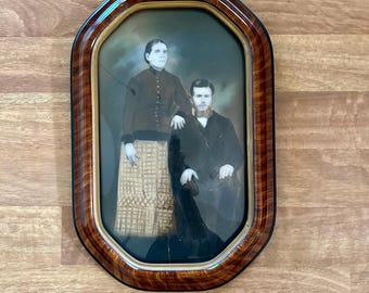 1900's Couple's Portrait Convex Bubble, Victorian Tiger Wood Frame, 20.5 inch by 13.5 inch