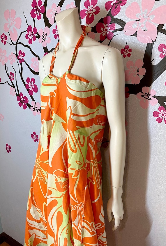 Vintage Orange Hawaiiana Print Halter Dress, Large - image 2