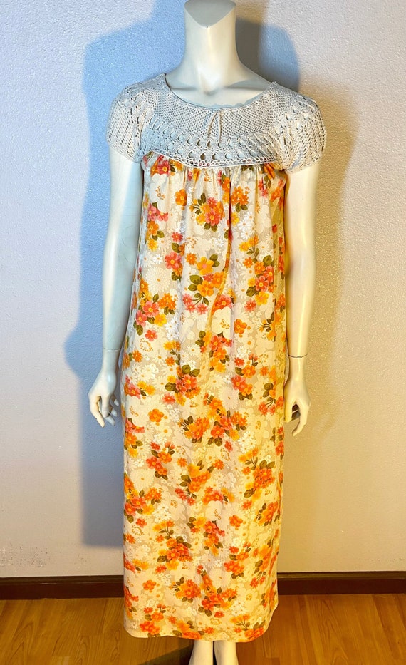 1970's Sweet Crochet and Floral Maxi Dress, OAK, S