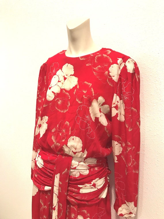 1980's Vintage Red Floral Dress, Small - image 2