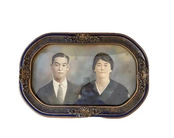 RARE 1900's Asian Couple Wedding Portrait Convex Bubble, Victorian Wooden Frame, 20.5 inch by 13.5 inch