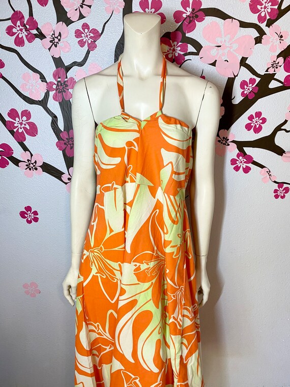 Vintage Orange Hawaiiana Print Halter Dress, Large - image 4