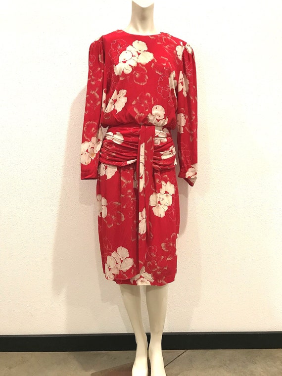 1980's Vintage Red Floral Dress, Small - image 1
