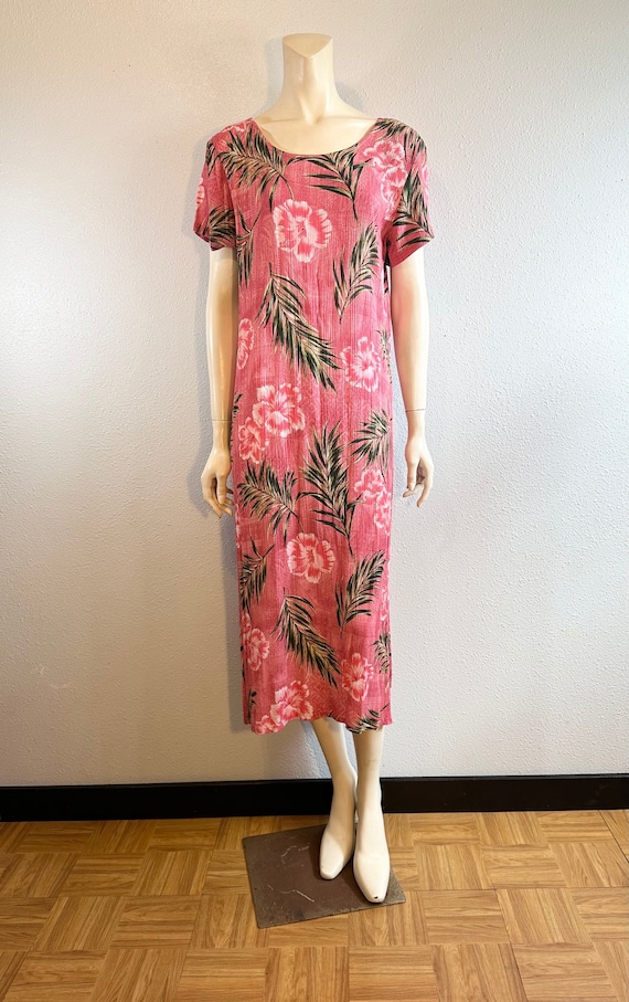 Pink Hibiscus Hawaiian Print Maxi Dress, Med/Large