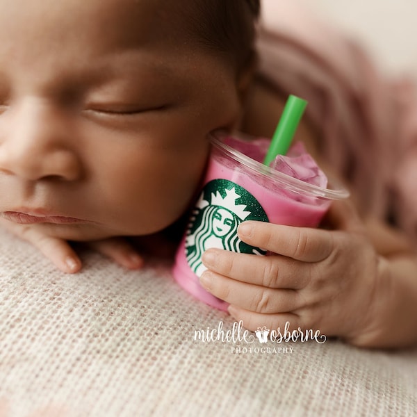 Faux Iced Pink Coffee Drink for Newborn Infant Baby Girl - Coffee Lover - Coffee Photography Prop - Fake Pink Cold Iced Coffee Drink Prop