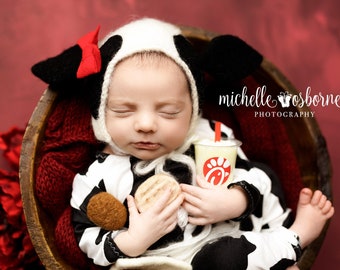 Newborn Cow Jammies - Chickfila Inspired - Baby In fact Cow Costume - Black and White Cow Spot Costume for Boy or Girl - Photography Prop