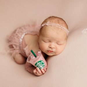 Faux Iced Pink Coffee Drink for Newborn Infant Baby Girl - Strawberry Coffee Lover - Photography Prop - Fake Cold Iced Coffee Drink Prop