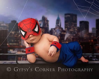 Spider Superhero Inspired Newborn Photography Prop, Mask and Cuffs ONLY, Infant Costume Baby Hero for Boys, Halloween Handmade Hero