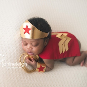 Girl Newborn Infant Hero Superhero Costume in Red Gold with Lasso Cape Cuffs Crown Newborn Infant Girl Photography Prop Halloween image 1