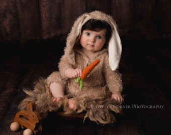 Sitter Easter Bunny Suit - Bunny Hoody Tan Fuzzy Furry - 9-12 Month Boy or Girl Easter Bunny Shorts - Faux Fur Bunny Suit Photography Prop