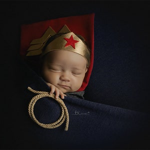 Girl Newborn Infant Hero Superhero Costume in Red Gold with Lasso Cape Cuffs Crown Newborn Infant Girl Photography Prop Halloween image 7